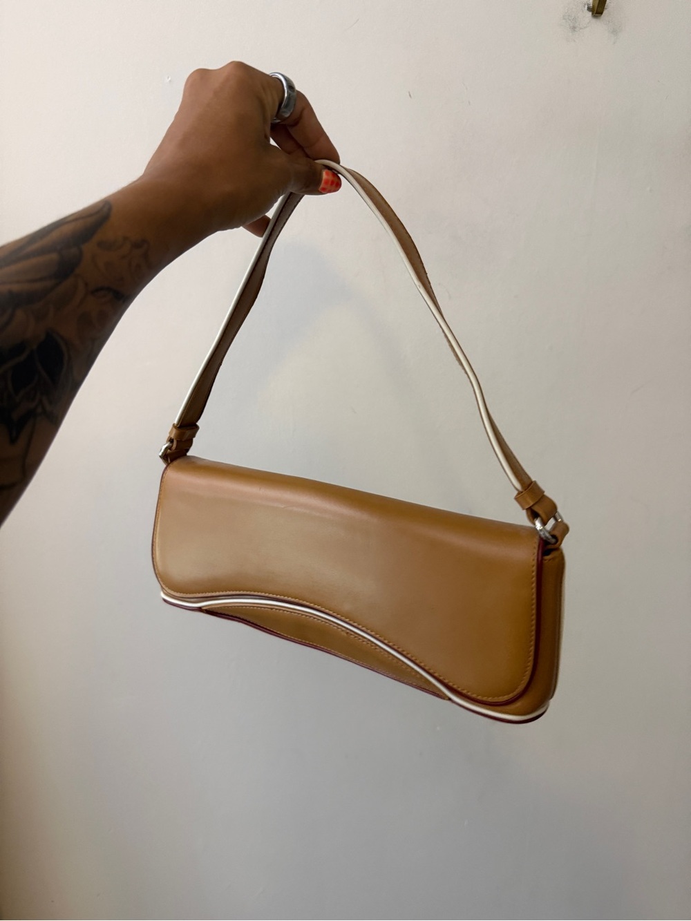 Y2K vintage ME TOO Sleek Tan Shoulder Bag with Curved Flap